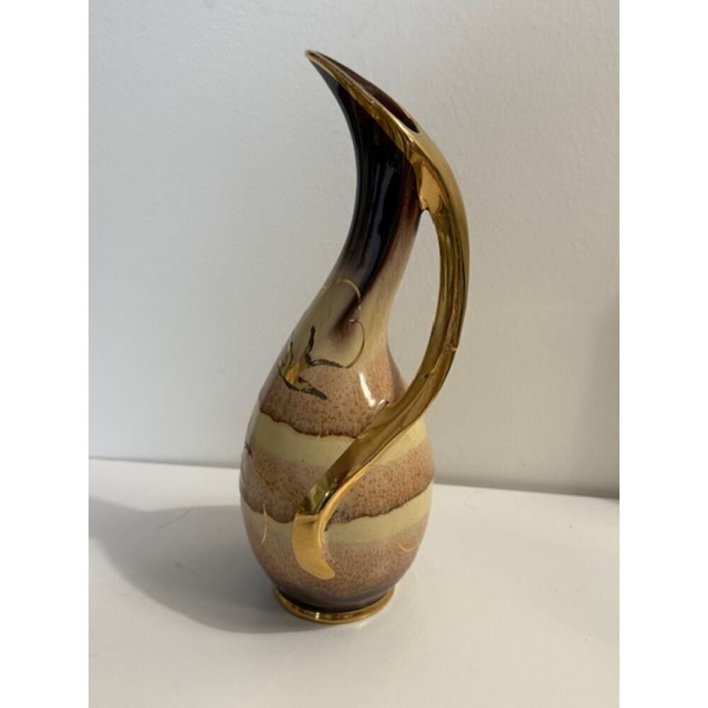 Uebelacher Keramik Drip Glaze Pitcher Vase Germany Seagull Gold